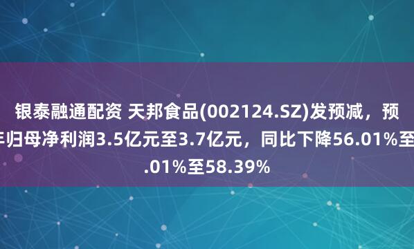 银泰融通配资 天邦食品(002124.SZ)发预减，预计上半年归母净利润3.5亿元至3.7亿元，同比下降56.01%至58.39%